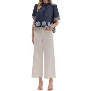 NEW ENTRO flutter embroidered high neck top in navy